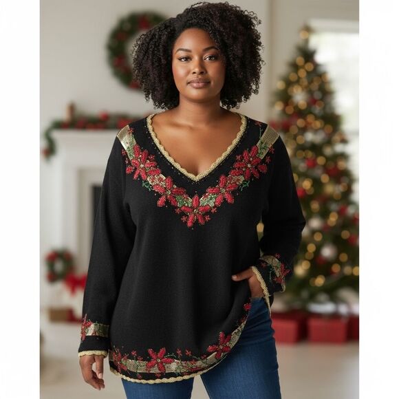 Vintage Designers Original Studio Joy Womens 2XL Christmas Sweater Poinsettia - Picture 1 of 8